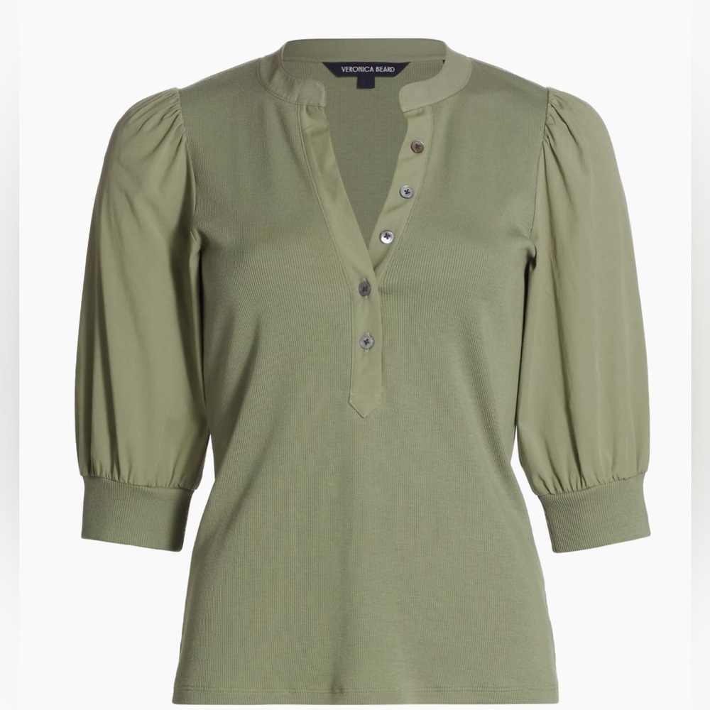 Veronica Beard coralee puff sleeve button front top.